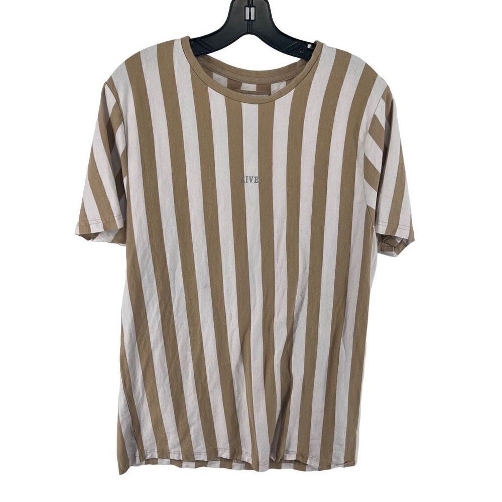 Denim & Flower Men's Cotton T-Shirt Stripes Short Sleeve Crewneck Tan Size XL - Picture 10 of 13